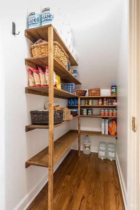 DIY Pantry Shelves | DIY simple wooden pantry shelves | How to stain and poly in just one step | DIY pantry organization ideas | How to build simple pantry shelves | DIY small pantry organization | How to increase pantry space | #TheNavagePatch #diy #HowTo #EasyDIY #Pantry #organization #shelves #Tutorial #Paintedfurniture #DIYorganization #Farmhouse | TheNavagePatch.com Wood Pantry Shelving, Corner Pantry Ideas, Pantry Diy, Under Stairs Pantry, Diy Pantry Shelves, Wooden Pantry, Diy Pantry Organization, Small Pantry Organization, Diy Wood Shelves