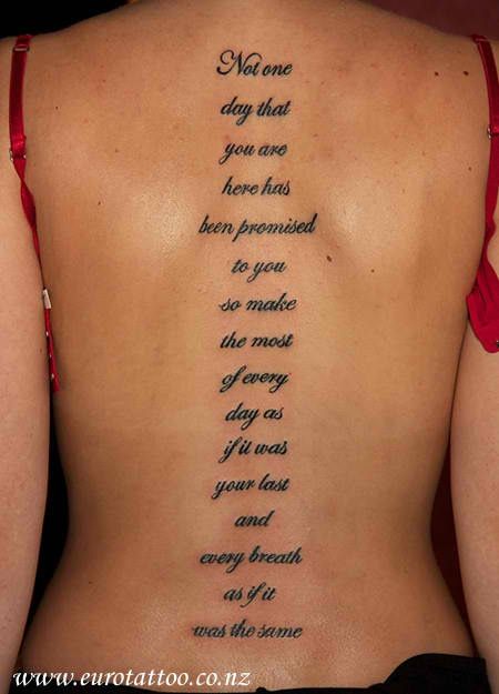 Thinking of doing this with lyrics :) Long Bible Verse Tattoos, Spine Tattoos For Women Bible Verses, Meaningful Bible Verse Tattoos, Bible Verse Spine Tattoo, Meaningful Spine Tattoos For Women, Words Down Spine Tattoo, Spine Tattoos With Meaning, Inscription Tattoo, Meaningful Tattoo Quotes