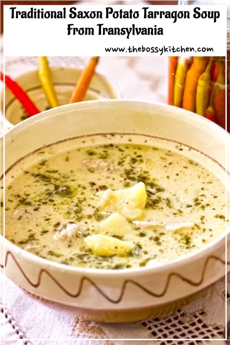 The soup is made with starchy potatoes and meat, usually pork or smoked ham and it is flavored with tarragon, sour cream, and vinegar for an extra zing. Tarragon Soup, Potatoes And Meat, Foreign Cuisine, German Potato Soup, February Recipes, Romanian Recipes, Soups Recipes, Eastern European Recipes, Hungarian Food