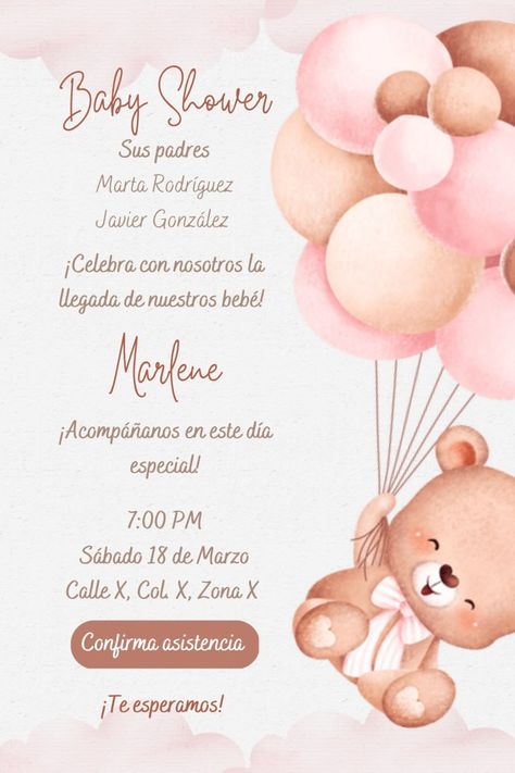 Tarjeta de invitación digital de Baby Shower de Osito Rosa con globos Invitacion Baby Shower Originales, Lion Birthday Party, Birthday Background Design, Online Baby Shower, Teddy Bear Baby Shower Invitations, Lion Birthday, Teddy Bear Party, Baby Reveal Party, Newborn Mom