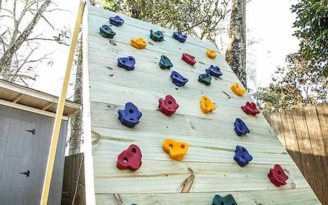 ▶️ Kids can burn a lot of energy on a climbing wall — and you can build one in a day — watch and learn! #diy #homeimprovement #outdoorliving Grandkids Playroom, Diy Climbing Wall, Climbing Wall Kids, Ninja Course, Kids Yard, Building A Treehouse, Kids Climbing, Rock Climbing Wall, Cargo Net