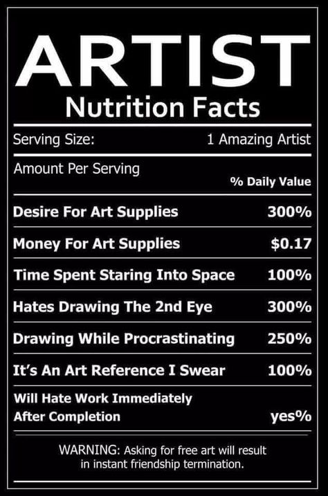 Artist nutritional facts Art Problems, Artist Things, Hate Work, Nutrition Label, Artist Problems, Giant Animals, 2d Drawing, Artist Humor, Art Jokes