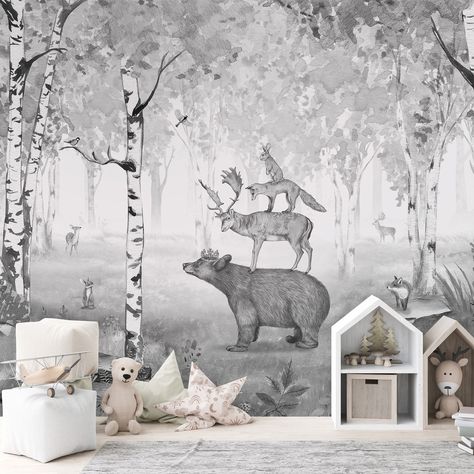 Bring woodland whimsy to your little one's walls this fall with a Kikki Belle kids wall mural! This beautiful line of children's wallpaper illustrations is the perfect way to bring charm to kids bedrooms, playrooms, daycares and more. Your child is sure to love the company of charming forest friends and cute critters! Explore our many NEW Kikki Belle mural designs from Murals Your Way! https://www.muralsyourway.com/kikki-belle?map=brand #kidswallpaper #kidswallart #kidswall #woodlandwall... Bear King, Kindergarten Wallpaper, Woodland Wallpaper, White Birch Trees, Led Decoration, Green Bear, Forest Wall Mural, Art Deco Boho, Yellow Tree