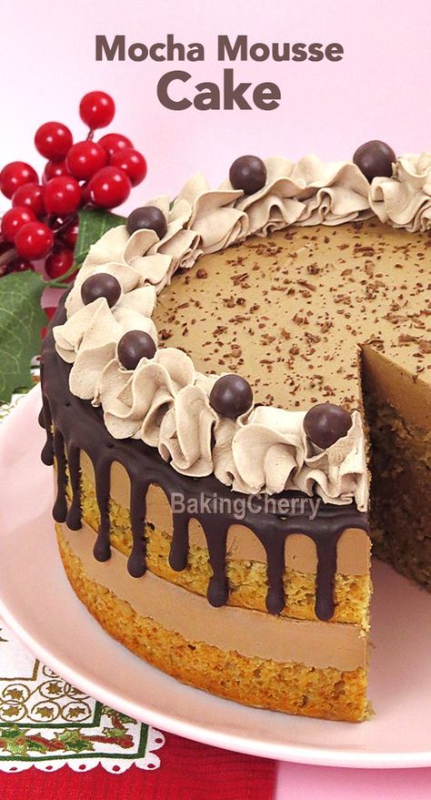 Moist and Delicious Mocha Mousse Cake. A soft and fluffy cake moistened with mocha syrup and filled with an airy mousse that melts in your mouth! The perfect dessert for Christmas, holidays, or any other occasion! #cake #mousse #mocha #chocolate #coffee #dessert #recipe #homemade #Christmas #holidays Mocha Mousse Cake, Coffee Mousse Cake, Mocha Syrup, Dessert For Christmas, Coffee Homemade, Coffee Mousse, Mocha Mousse, Mousse Cake Recipe, Cake Filling Recipes