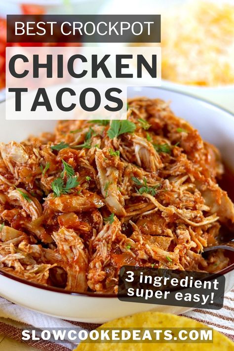 These easy 3 ingredient slow cooker chicken tacos are made with tender, slow-cooked chicken breast perfectly flavored with your favorite salsa and taco seasoning. Easy shredded chicken taco filling! Just add your favorite taco toppings and voila - the perfect weeknight crockpot meal for the whole family! Crockpot Chicken Tacos 3 Ingredient, Shredded Chicken Tacos Crockpot, Taco Seasoning Chicken, Crockpot Taco Chicken, Mexican Chicken Breast Recipes, Crock Pot Chicken Tacos, Chicken Breast Tacos, Crockpot Chicken Tacos, Shredded Chicken Crockpot