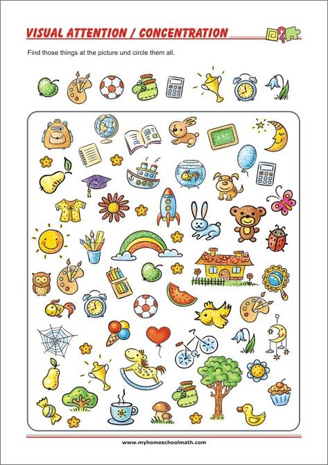 Find the objects - Worksheets To Improve Focus And Concentration Different Objects Worksheet, Concentration Activities For Preschool, Attention And Concentration Activities, Focus Worksheet, Concentration Worksheets, Visual Attention Worksheets, Concentration Activities For Kids, Classroom Brain Breaks, Visual Perception Worksheets