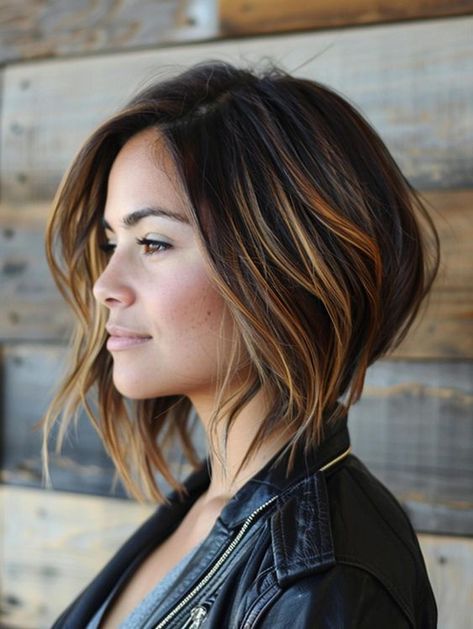 A Line Haircuts For Women, Angled Lob Haircut Mid Length, Shoulder Length Angled Bob Haircuts, Angled Bob Haircuts Medium, Assymetrical Haircut Bob, Asymetrical Bobs Medium, Medium Length Inverted Bob, Bob Haircuts With Highlights, Asian Hair Bob