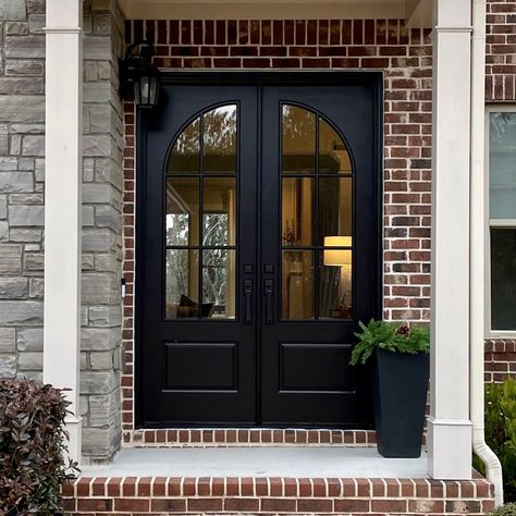 Double Black Doors Entry, Black French Doors Front Door, Front Exterior Doors Entrance, Black Window Front Door, Traditional Modern Front Door, Full View Front Door, Double Steel Front Doors, Black French Front Doors Entrance, Arched Black Front Door