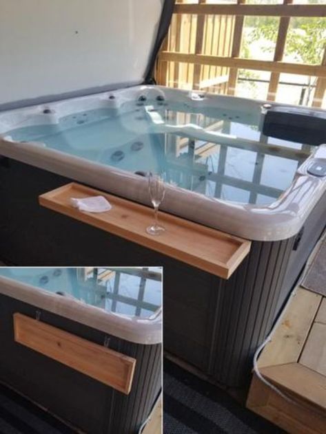 Protect your cell phone and other valuables while enjoying your hot tub.  Finally a solution to do just that and more.  This folding hot tub table easily attaches to the front face of your hot tub and folds down whenever you want. Hot Tub Table, Whirlpool Deck, Tub Table, Hot Tub Bar, Custom Hot Tubs, Cedar Table, Hot Tub Surround, Tub Sizes, Cedar Hot Tub