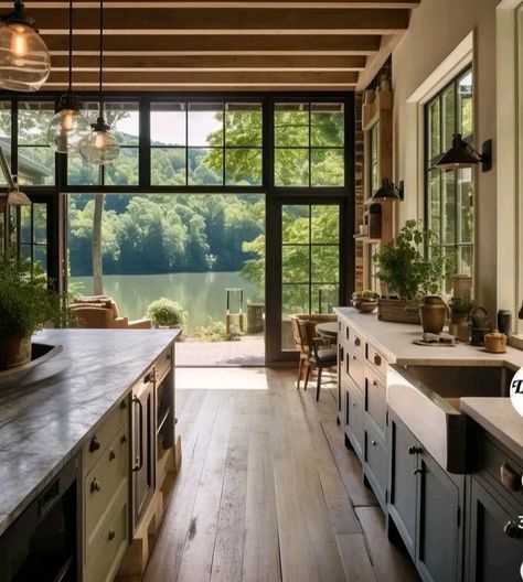 Sea Ranch Interiors, Lake House Outdoor Kitchen, Industrial Lake House, Lakehouse Kitchens, Farmdale Cottage, Lakehouse Kitchen, Lake Kitchen, Lake House Kitchen, Chalet Design