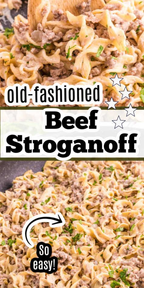 Two image collage of beef stroganoff, with text on image. One Pan Ground Beef Stroganoff, Poor Mans Beef Stroganoff, Homemade Beef Stroganoff With Steak, Home Made Stroganoff Ground Beef, Poor Mans Stroganoff, Ground Beef Stroganoff Stove Top, Poor Man Beef Stroganoff, Hamburger Stroganoff Casserole, Beef Stroganoff With Ground Beef Easy