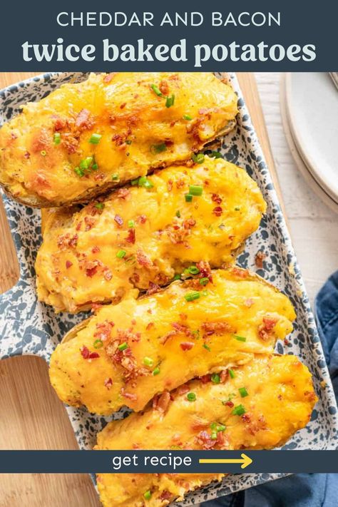 Bacon and Cheddar Twice Baked Potatoes - Thriving Home Thriving Home, Sweet Potato Skins, Twice Baked, Twice Baked Potatoes, Holiday Meal, Mouthwatering Recipes, Best Food Ever, Baked Potatoes, Freezer Friendly