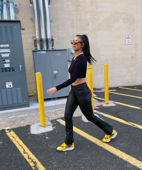 Jordan 4 Yellow Outfit, Black Yellow Jordan Outfit, Yellow Jordan 4 Outfit Women, Black And Yellow Jordan 4s Outfit, Yellow 4s Outfit, Thunder 4s Jordans Outfit Yellow, Yellow Thunder 4s Jordans Outfit, Outfit With Jordan 4, Yellow Air Jordan 4 Lace-up For Streetwear