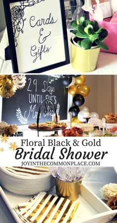 Black & gold bridal shower decorations & ideas! Discover simple yet elegant flower accents, a themed floral balloon garland, a chalkboard backdrop & more! Floral Balloon Garland, Chalkboard Backdrop, Gold Bridal Shower Decorations, Unique Bridal Shower Themes, Black Gold Wedding, White Bridal Shower, Bridal Shower Tables, Vintage Bridal Shower, Wedding Shower Decorations