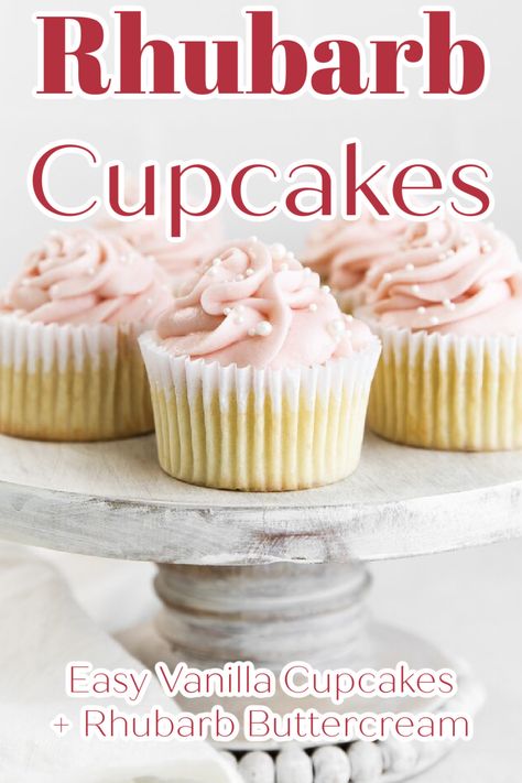 Rhubarb Cupcakes - Classic vanilla cupcakes with a homemade rhubarb jam filling and topped with a rhubarb buttercream frosting. An elegant and delicious dessert! Rhubarb Recipes | Cupcake Recipes | Rhubarb Desserts | Rhubarb Cupcakes #rhubarb #cupcakes #dessert #baking Rhubarb Honey Cupcakes, Strawberry Rhubarb Cupcakes, Rhubarb Cupcakes Recipe, Rhubarb Frosting, Rhubarb Cupcakes, Strawberry Rhubarb Scones, Recipes Rhubarb, Rhubarb Scones, Rhubarb Coffee Cakes