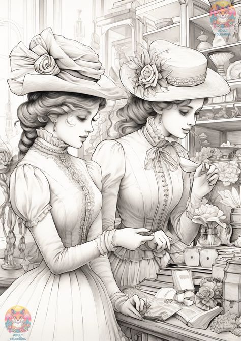 Victorian Ladies Coloring Pages: : A Colorful Journey Through Time and Fashion - adultcolouring.com Coloring Pages People, Handkerchief Quilts, Nutcracker Art, Jasmin Darnell, Fashion Coloring Pages, Chinese Portrait, Steampunk Coloring, Victorian Colors, People Coloring Pages