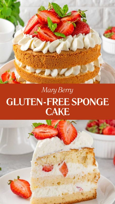 Mary Berry Gluten-Free Sponge Cake Gluten Free Cake Flour Recipe, Gluten Free Cake Flour, Sponge Cake Recipe Best, Gluten Free Sponge Cake, Cake Flour Recipe, Berry Cake Recipe, Dairy Free Pudding, Gluten Free Vanilla Cake, Tasty Cake