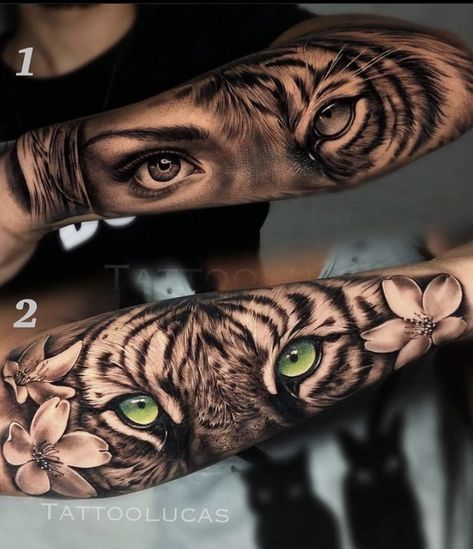 Lion Eyes Arm Tattoo, Half Sleeve Woman Tattoo, Lion Eyes Tattoo For Women, Feline Tattoos For Women, Animal Tattoos For Women Half Sleeves, Tiger Eye Tattoo For Women, Tiger Forearm Tattoo, Tiger Hand Tattoo, Tiger Eyes Tattoo