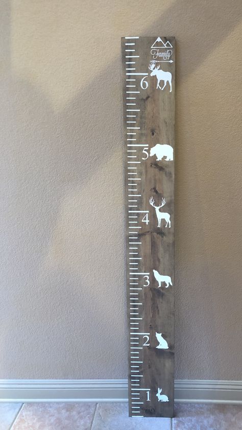 Woodland Animal Growth Chart, Mountain Chic Decor Living Room, Diy Rustic Nursery Decor, Cricut Woodland Projects, Wood Projects For Nursery, Small Nursery Ideas Woodland, Mountain Animals Nursery, Diy Wilderness Decor, Navy Blue Woodland Nursery