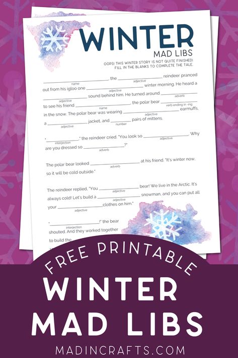 Winter Mad Libs For Kids Free Printable, Winter Mad Libs, Mad Libs For Kids, Polar Bear Names, Mad Libs Printable, Early Finishers Activities, Visual Schedule, Mad Libs, Play Outside