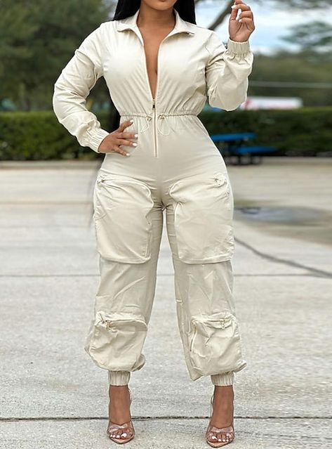 Cargo Jumpsuit, Zipper Neck, Trendy Jumpsuit, Collar Jumpsuit, Pocket Jumpsuit, Jumpsuit Casual, Fitted Jumpsuit, Safari Style, White Jumpsuit