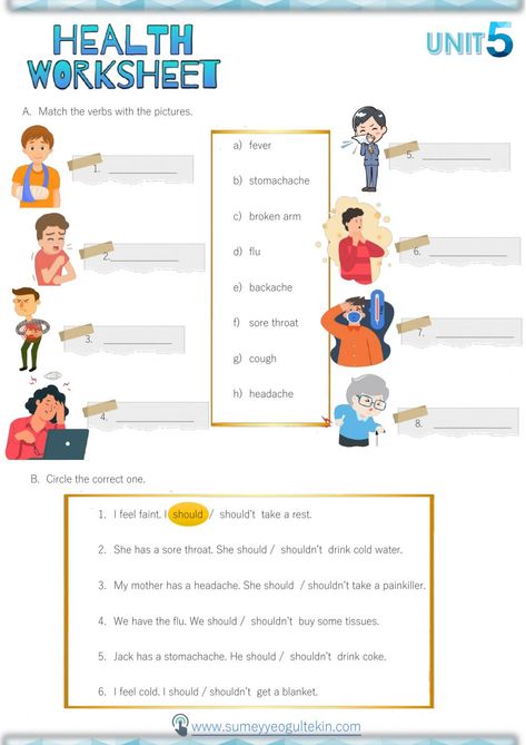 Illnesses and health problems online worksheet for 5. You can do the exercises online or download the worksheet as pdf. Health Worksheets For Middle School, Health Activities For Middle School, Health Problems Worksheet, Health Worksheets For Kids, Health Worksheets, Self Advocacy, Health Activities, Esl Resources, Middle School English