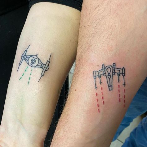 Matching Star Wars Tattoo Siblings, Star Wars Friend Tattoos, Matching Tattoos Star Wars, Starwars Couple Tattoos, Father Daughter Star Wars Tattoos, Matching Star Wars Tattoo Couples, Star Wars Couples Tattoos, Star Wars Sibling Tattoos, Nerdy Matching Tattoos