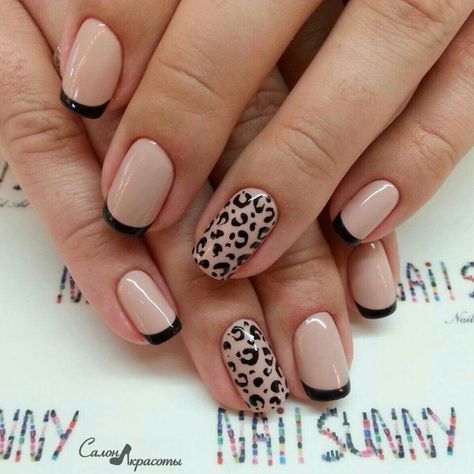 50 Short Nail Gel Manicure Ideas to Inspire You Black French Tip Nails Leopard, Leopard And French Tip Nails, Black Leopard Nail Designs, Animal Print Gel Nails, Black And Leopard Nails, Short Nail Gel Manicure, Leopard Print Nails Black, Short Nail Gel, Black Leopard Nails