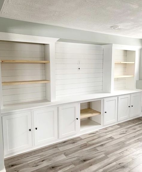 Rec Room Built Ins, Built In Bookshelves Entertainment Center, Built In Tv Wall Unit With Bar, Full Wall Built Ins Living Room, Custom Built Ins Living Room, Basement Built Ins With Tv, Built In Wall Units, Basement Decoration, Ikea Built In