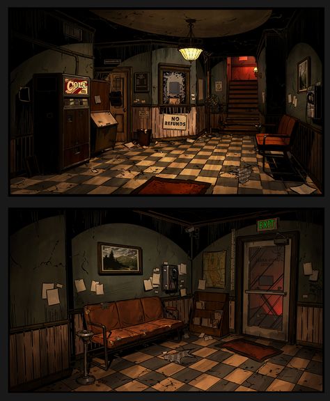 Horror Room Concept Art, Gang Hideout Concept Art, Go Home Game, Game Design Inspiration Concept Art, Apartment Concept Art, Detective Concept Art, Concept Art Room, Office Concept Art, Game Environment Concept Art