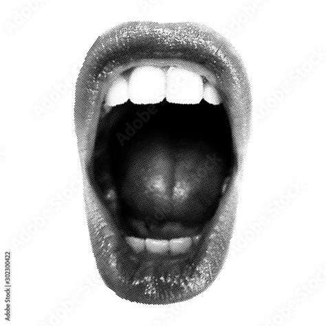 Stock Image: Wide open Halftone Female Mouth. Front view Mouth Graphic Design, Mouth Open Reference, Canva Arts, Halftone Collage, Mouth Logo, Mouth Png, Zine Making, Opened Mouth, Cherry Cherry