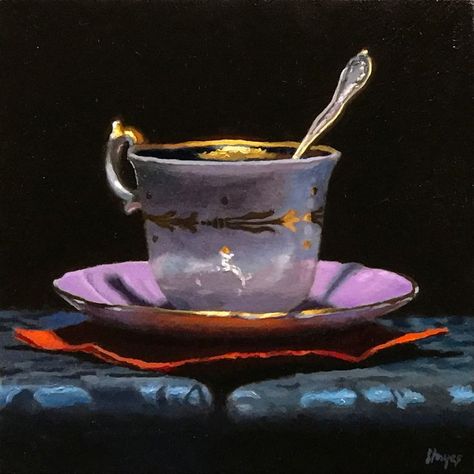 For your enjoyment, this is "Teacup with Red Napkin and Purple Saucer" from 2022, Oil on Panel, 5x5 inches. Click through to see more of this painting and read about the mystical nature of gold. Mystical Nature, Red Napkins, Tea Art, Black Panels, Still Life Painting, Beveled Edge, Tea Time, Napkins, Tea Cups