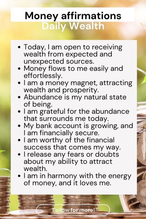 money affirmations daily wealth Financial Wealth Affirmations, Attract Money Affirmations, Magnetic Affirmations, Money Manifestations, Financial Affirmations, Money Quote, Mental Growth, Manifestation Methods, Money Prayer