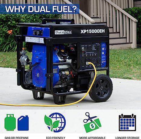 DuroMaxp XP 15000EH is a must have equipment for the season of bad weather, this generator runs on gasoline or propane giving you the freedom of flexibility of fuel choice. This unit can handle heavy load from light and refrigerator to a home air conditioner and high amperage power tool. Buy from Amazon USA Propane Generator, Gas Powered Generator, Portable Power Generator, Backup Generator, Dual Fuel Generator, Portable Generator, Gas Generator, Portable House, Sump Pump