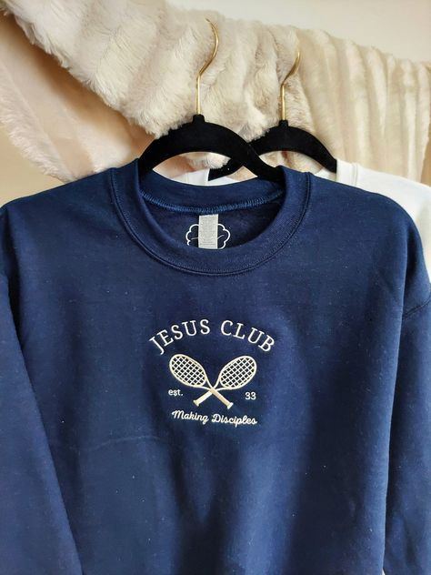 Jesus Club Embroidered Crew / Navy – Convo Collections Company Sweatshirt Ideas, Back Of Sweatshirt Designs, Embroidered Sweatshirt Outfit, Cool Merch, Christian Accessories, Jesus Clothes, Merch Products, Modesty Outfits, Gods Word