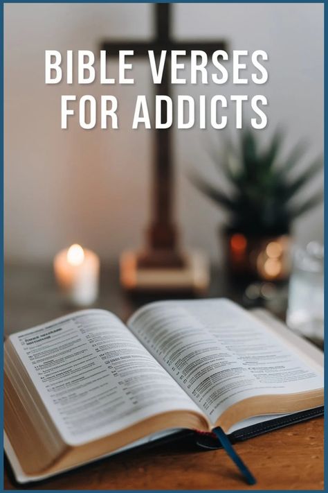 Open Bible with lit candle and blurred cross in the background, titled "Bible Verses for Addicts". Bible Verses For Recovering Addicts, Romans Bible Study, Romans Bible, Psalm 34 17, New Creation In Christ, John 8 36, Freedom In Christ, Powerful Bible Verses, Bible Study Group