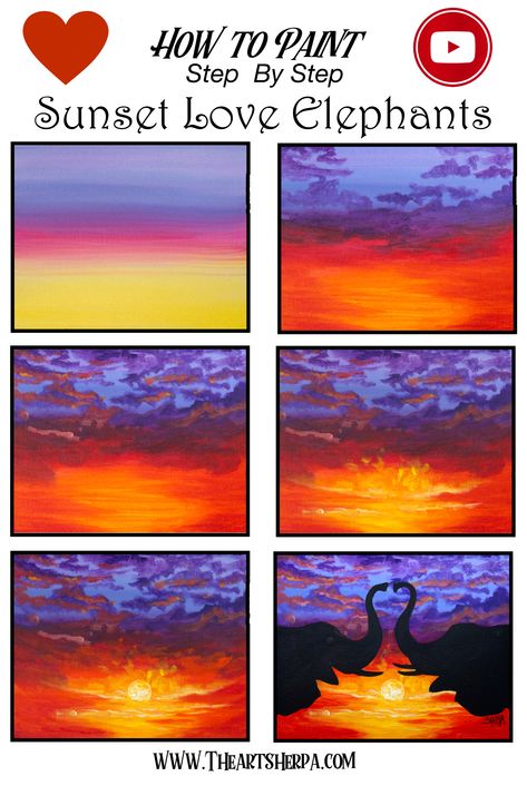 How to paint a Colorful Sunset for beginners with elephant silhouettes step by step in Acrylic on Canvas by The Art Sherpa!! Are YOU ready to Enjoy this Beginners step by step learn how to paint in this full acrylic art lesson! Check out our Free Acrylic painting Class Video. You CAN paint this! Image is property of The Art Sherpa and intended for the Students Personal education and Enjoyment. For questions regarding using any Art Sherpa painting in a commercial setting  labs@theartsherpa.com How To Paint A Sunset Step By Step, Paint A Sunset, Painting For Beginners Videos, Couples Painting, Elephant Painting Canvas, Couples Canvas Painting, Canvas Painting For Beginners, Couple Canvas, Art Sherpa