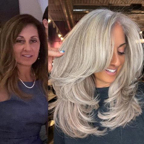 Long Silver and Blonde Butterfly Hairstyle Butterfly Layers, Grey Brown Hair, Butterfly Hairstyle, Gray Hair Styles, Grey Curly Hair, Salt And Pepper Hair, Beautiful Gray Hair, Hair Adviser, Natural Gray Hair