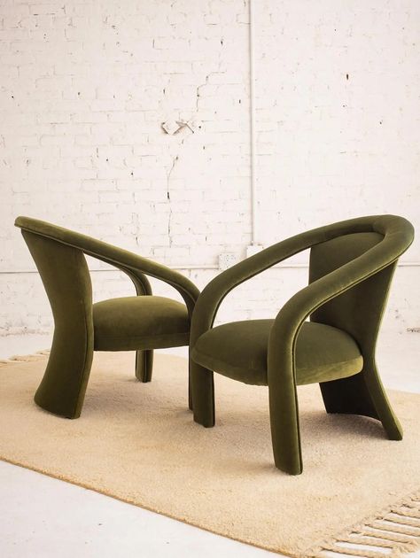 Postmodern Carson’s Sculptural Armchairs in Green Velvet, a Pair For Sale at 1stDibs Small Armchairs, Greenpoint Brooklyn, Curved Back, Wing Chair, Reupholster, Postmodernism, Green Velvet, Upholstered Chairs, Chair And Ottoman