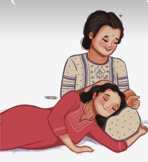 Mother Drawing Simple, Mother And Daughter Drawing, Mom Drawing, Mother Daughter Art, Describe Feelings, Childhood Memories Art, Bengali Art, Indian Illustration, Mom Art