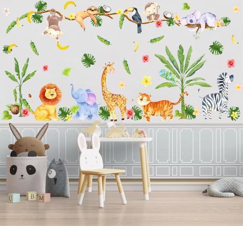 PRICES MAY VARY. ♥Modern Wall Decor: The watercolor jungle animal wall stickers design conforms to the modern decoration style, multiple animal with Tropic leaves may be bright your wall and bring happiness to your life. ♥Product Details: What you received is 4 sheets forests wildlife wall stickers (total 67pcs). Which include the Elephant, Monkey, Lion, Tiger, Zebra, Giraffe, Tropical leaves..... Finished size :70”x53” . ♥Good Choice For Decoration: Whether you want to add color to your child's Safari Animal Wall Decals, Jungle Themed Nursery, Animal Decals, Baby Room Wall Decor, Wall Sticker Design, Elephant Stickers, Normal Wallpaper, Wildlife Artwork, Animal Wall Decals