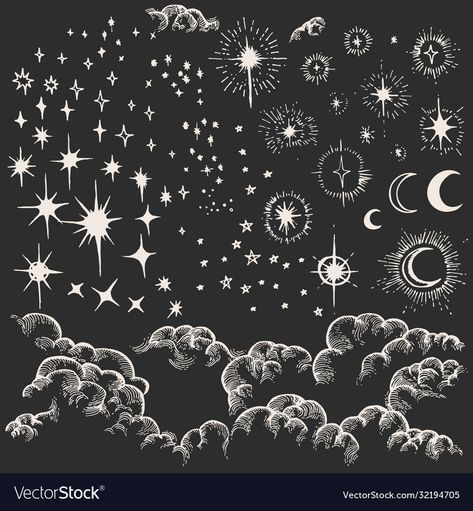 Clouds And Stars Drawing, Stars In The Sky Drawing, Stary Sky Drawing, Celestial Star Drawing, Night Stars Drawing, Night And Day Drawing, Clouds Line Drawing, Star Sky Drawing, Cloud Illustration Drawing