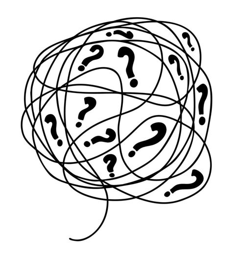 Big tangle of bubbles of confused thoughts with question marks. Vector linear drawing doodle. Psychological concept of problem solving. Confused Doodle, Thought Bubble Drawing, Confusion Drawing, Question Drawing, Thoughts Doodle, Confused Thoughts, Question Mark Logo, Bubble Drawing, Question Marks