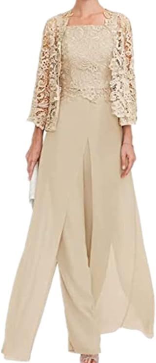 Amazon.com: MKIRQA 3 Pieces Mother of The Bride Pant Suits for Wedding Lace Chiffon Pants Suits for Women Dress Blush MK07-6 : Clothing, Shoes & Jewelry Mother Of The Bride Pants, Bride Pants, Outfit Jumpsuit, Wedding Pantsuit, Gown With Jacket, Dresses Silver, Pant Suits For Women, Chiffon Pants, Gowns For Women