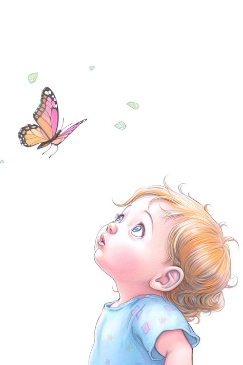 Hand drawn sketch of a young child looking up at a colourful butterfly. Drawing Children Reference, Child Side Profile Drawing, Child Drawing Reference Poses, Doll Sketches, Small Snowflake Tattoo, Butterfly Story, Child Draw, Drawing Pictures For Kids, Fairy Sketch