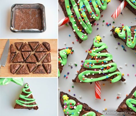 These Christmas Tree Brownies are SO EASY and they look adorable! Wouldn't they make a great treat to take to a Christmas party?! Tree Brownies, Christmas Tree Brownies, Christmas Brownies, Best Christmas Recipes, Christmas Sweets, Simple Christmas Tree, Christmas Snacks, Christmas Cooking, Food Crafts