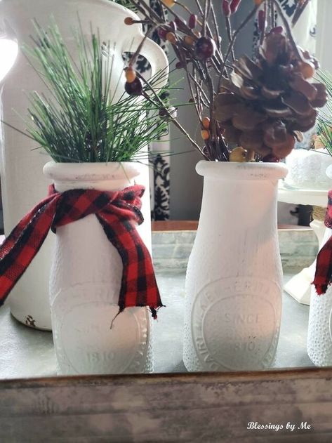 Christmas Jars Diy, Round Vases, Fall Candle Holders, Jars Diy, Tree Stem, Pottery Barn Christmas, Bottle Brush Christmas Trees, How To Tie Ribbon, Glass Milk Bottles