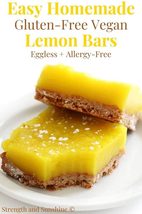 Vegan Lemon Bars (Gluten-Free, Eggless) | Strength and Sunshine | These easy Vegan Lemon Bars are completely gluten-free and eggless! This healthier lemon bar recipe is made with a 4 ingredient, dairy-free & buttery shortbread crust, layered with perfectly sweet and tangy lemon curd filling! No nuts or soy, this allergy-free dessert is a perfect spring or summertime treat everyone will love! Lemon Bar Recipe, Vegan Lemon Bars, Gluten Free Lemon Bars, Curd Filling, Lemon Bar, Lemon Bars Recipe, Buttery Shortbread, Egg Free Recipes, Shortbread Crust