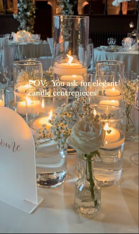 Floating Candles And Pillar Candles, Baby’s Breath With Floating Candles, Wedding Sweetheart Table Ideas Simple, Candle Centerpieces Wedding Round Table, Round Table Centerpieces Wedding, Candle Centerpieces Elegant, Round Table Centerpieces, Wedding Table Centerpieces Diy, Floating Candle Centerpieces Wedding