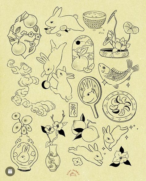 Asian Rabbit Tattoo, Year Of The Rabbit Tattoo, Tats Ideas, Flash Tats, Halloween Flash, Bunny Tattoos, Rabbit Tattoos, Flash Sheet, Flash Tattoo Designs